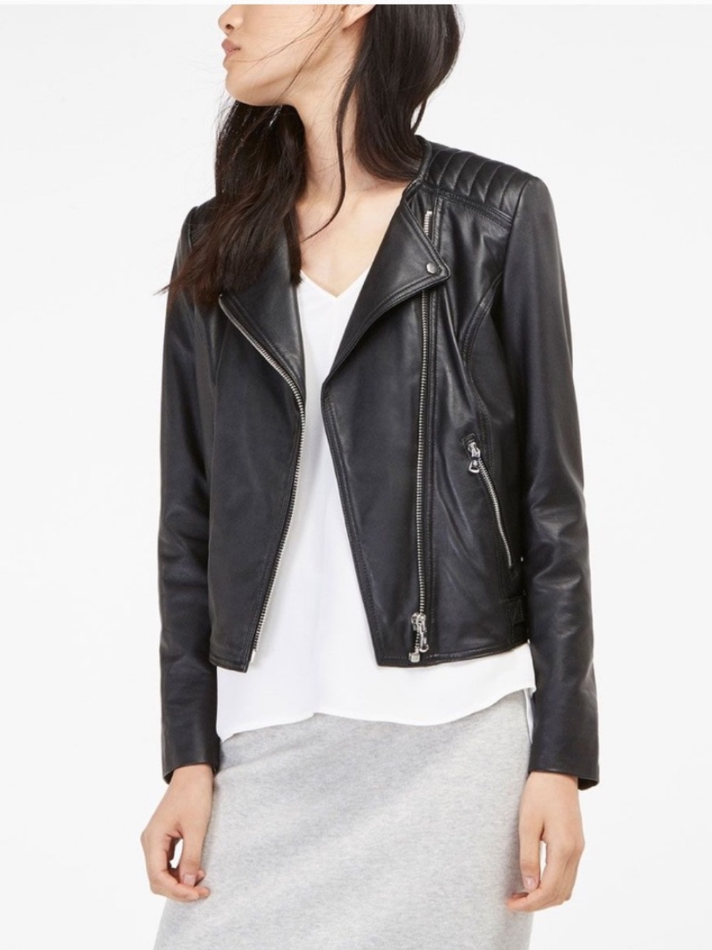 Massimo Dutti Black Quilted Shoulder Leather Biker Jacket